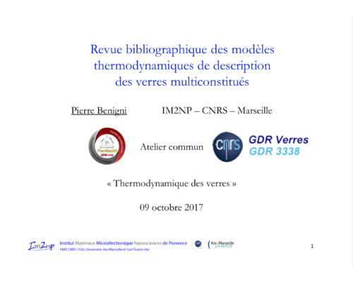 Revue bibliographique des modèles thermodynamiques de description des verres multiconstitués – P. Benigni