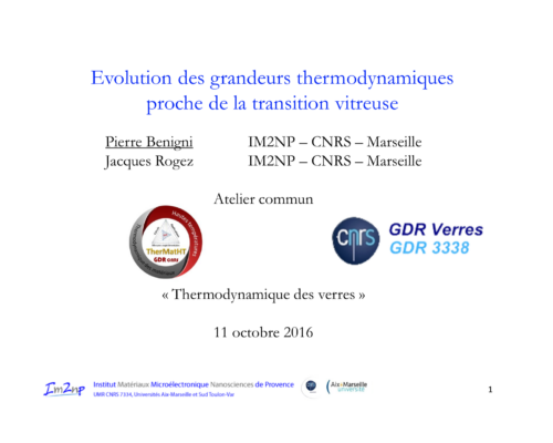 Evolution des grandeurs thermodynamiques proche de la transition vitreuse – P. Benigni / J. Rogez