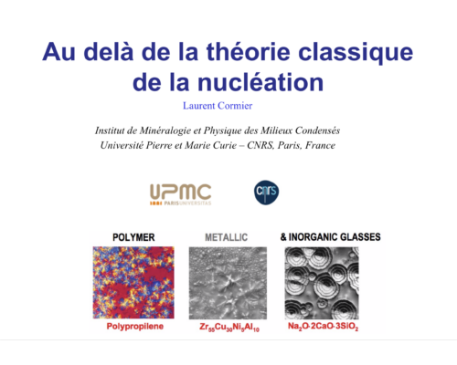 Au delà de la théorie classique de la nucléation...ECOLE Thématique CNRS/GDR/USTV 2013