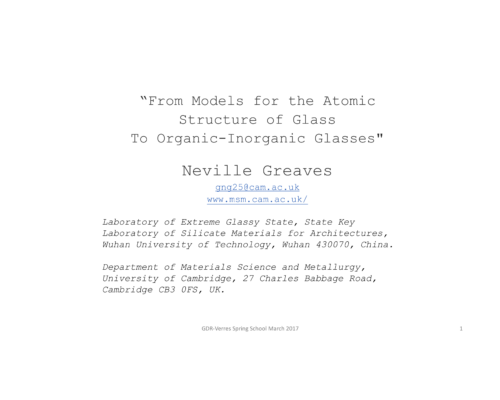 From Models for the Atomic Structure of Glass To Organic-Inorganic Glasses – N. Greaves