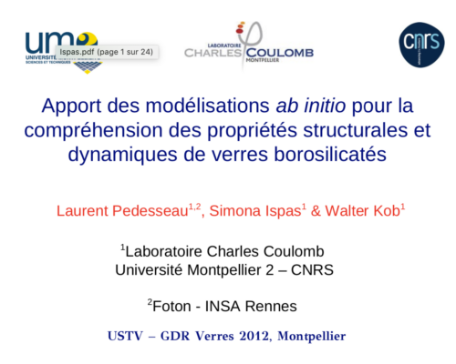 Apport des modélisations ab initio pour la compréhension des propriétés structurales et dynamiques de verres borosilicatés – S. Ispas