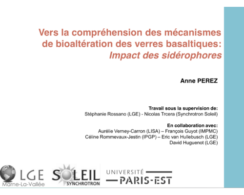 Vers la compréhension des mécanismes de bioaltération des verres basaltiques: Impact des sidérophores – A. Perez