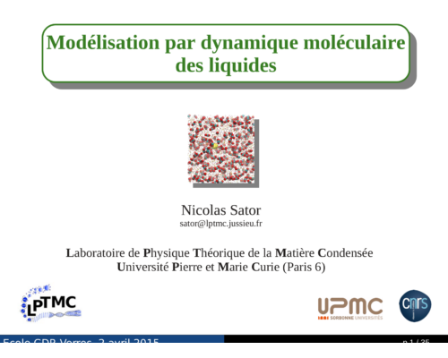 Modélisation par dynamique moléculaire Modélisation...Ecole Thématique CNRS/USTV 2015