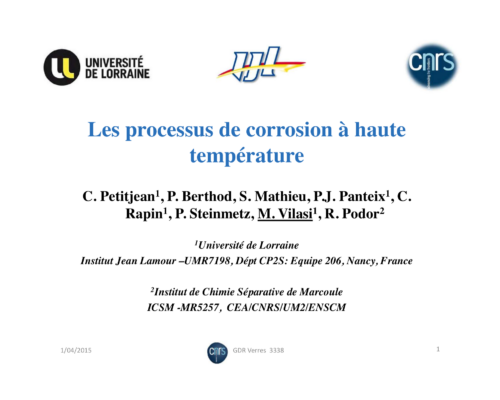 Les processus de corrosion à haute température –...Ecole Thématique CNRS/USTV 2015