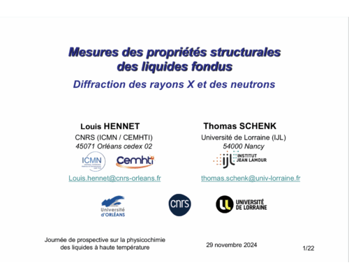 Mesures des propriétés structurales des liquides fondus Diffraction des rayons X et des neutrons – L. Hennet / T. Schenk