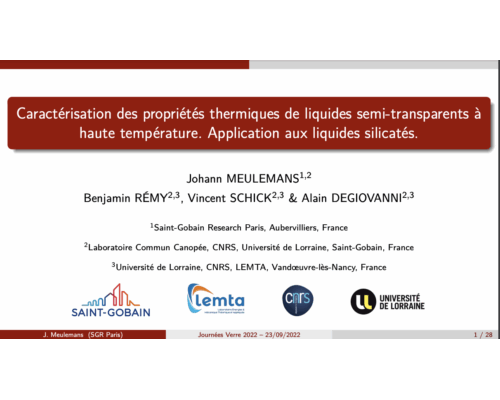Caractérisation des propriétés thermiques de liquides semi-transparents à haute température. Application aux liquides silicatés. – J. Meulemans